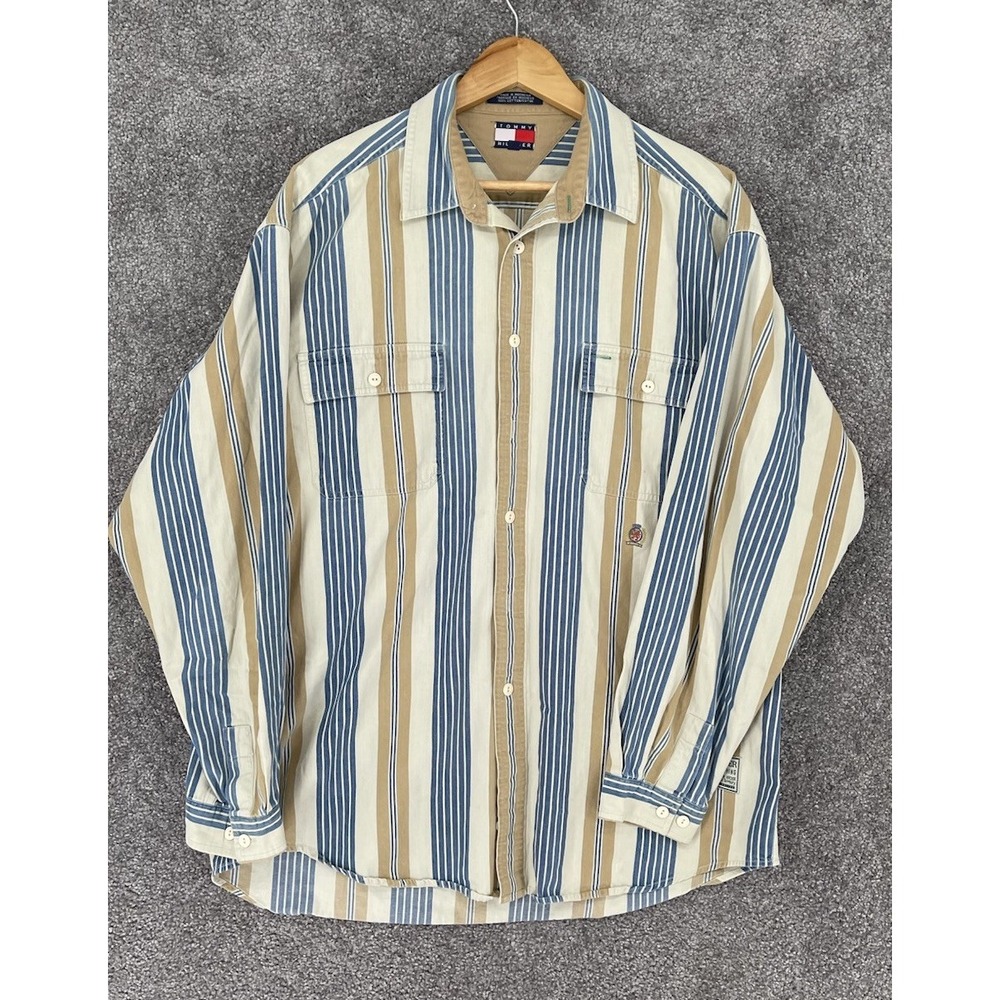 VTG 90s Tommy Hilfiger Work Clothing Striped Canvas Shirt Crest Logo Men's Large